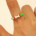 Dopamine style apple core bead ring with red and white resin finish on a green band - Green Apple Core Open Ring (Green 10911)