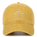 Close-up of white triple cross embroidery on mustard yellow washed cotton baseball cap - Yellow