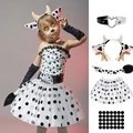 Detail view of cow cosplay set including polka dot dress, cow ear headband and plush tail - Medium Cow Sticker 5-Piece Set