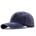 Detailed close-up of navy blue washed cotton baseball cap with Bigfoot silhouette embroidery - Adjustable / Navy Blue