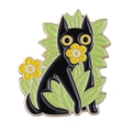 Cartoon Emaille-Anstecker schwarze Katze mit grünen Blättern und gelben Blumen - Schwarze Katze mit Grünem Blatt (XZ7786)