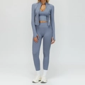 Ensemble de yoga 3 pièces sans couture bleu brume avec veste zippée, débardeur et legging - S / Haut Et Bas / Ensemble 3 Pièces (Soutien-Gorge+Pantalon+Veste) / Bleu aster