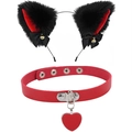Set cosplay oreilles de chat noires et rouges avec grelot et choker cœur rouge - Ensemble Choker Pendentif Coeur Rouge / Noir/Intérieur Rouge