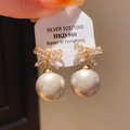 Elegant 925 silver earrings with butterfly bow design and creamy round pearls for women - 925 Sterling Silver Earring Post - Champagne Gold Plated Bowknot Pearl