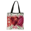 Polyester tote bag featuring three red heart prints with roses and black straps - Style 10 Beige Base Heart Floral Surround