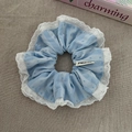Blue and white striped scrunchie with lace trim and polka dots on linen fabric - 61# Blue Striped Lace