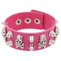 Detail of pink PU leather punk bracelet with silver skull charms and metal spike studs - Rose Red Skull