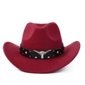 Detailed view of burgundy felt cowboy hat with leather band and silver bull head icon - M (56-59cm) / Wine Red Rivets