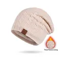 Winter warm cable knit beanie in cream white with thick thermal fleece lining - Beige