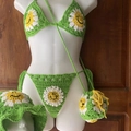 Handmade crochet green bikini set with floral smiley patterns, hat, and mini bag included - Adult Free Size / Green Smiley (Hat, Bikini, Bag)