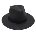 Vue détaillée d'un chapeau fedora en paille tressée noire avec ruban et couronne creuse - Noir