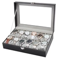 Klassische schwarze 12-Slot Uhrenbox aus PU-Leder mit Glasdeckel und sicherem Metallverschluss - 12 Slots - Graues Interieur