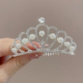Silver crown hair comb with sparkling rhinestones and white pearls for girls - Round Pearl Crown Hair Comb