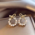 Elegant gold bow earrings with white pearls and sparkling cubic zirconia stones - 34# Zircon Bow Pearl Studs
