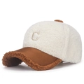 White faux shearling baseball cap with brown suede brim and embroidered C letter - White with Brown Brim