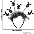 Halloween headband with glittery winged skulls, orange feathers, and size dimensions - Multiple Bats and Skulls Headband