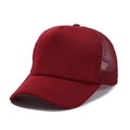 Detail view of burgundy mesh trucker hat featuring reinforced brim stitching and mesh back - One Size / Burgundy