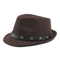 Dark brown wool fedora hat with black leather belt and silver metal skull studs - Skull Rivet Belt Style / Coffee