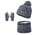 Kids knitted 3-piece set with pom-pom hat, scarf, and touch-screen gloves in grey mix - Two-tone Black