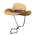 Western straw cowboy hat with leather band, silver bull head ornament and windproof cord - M(56-58cm) / Khaki