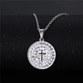 Polished silver cross medallion necklace with sparkling white rhinestones for women - NZ25 Cross Round Medal