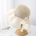 Elegant beige straw sun hat for women featuring a wide brim and decorative ribbon bow - Head Circumference 55-57cm (Adjustable) / Milky White (Vinyl Brim)