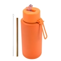 Matte orange stainless steel vacuum water bottle with gold metal straw and cleaning brush - 1 L / Pop-up Straw Lid / Cinnabar Orange