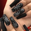 Uñas postizas largas tipo ballerina en negro mate con diseños de copos de nieve blancos - Estilo De Copo De Nieve Negro Mate (AW529)