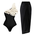 Détail du maillot une pièce noir à papillon 3D blanc et jupe longue plissée assortie - Ensemble Papillon à Une Épaule