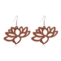 Detailed view of hollowed-out lotus flower wooden earrings in a rich brown finish - Style 8