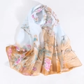 Detail of light blue and gold chiffon scarf with traditional floral and bird print - Blue Brown Gradient