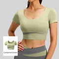 Eng anliegendes zweifarbiges Yoga-Crop-Top in Kardamomgrün mit kurzen Ärmeln und Polster - S / Oberteile / Kardamomgrün