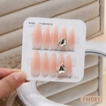 Handmade pink gradient almond press-on nails with 3D crystal hearts on display card - Handmade Gradient Heart Rhinestone Style (FM081-XS)