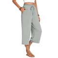 Women's light grey linen wide-leg trousers with high elastic drawstring waist and pockets - S / Light Gray