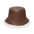 Dettaglio di cappello pescatore in pelle marrone con bordo e fodera in pelliccia sintetica - Marrone