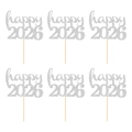 Lot de 6 décorations de gâteau Happy 2026 en paillettes argentées pour fête du Nouvel An - happy 2026 / Lot de 6 / Argent