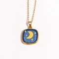 Detailed view of vintage gold necklace with oil-painted moon and star square pendant - Deep Blue Moon & Star (Style 3)