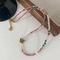 Beaded tiger eye and quartz necklace with a colorful cloisonné butterfly pendant - Rhodochrosite Butterfly Necklace XL0694