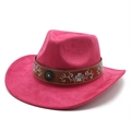 Détail d'un chapeau de cowboy en daim rose avec bande en cuir brodée et boucle vintage - M (56-59cm) / Rose rouge