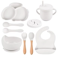 White silicone baby feeding set with suction plate, bowl, bib, and wooden handle utensils - Full Tableware Set (White/Y23)