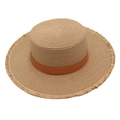 Detail of flat top straw hat with brown leather band and frayed fringe brim edge - Khaki