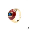 Anello regolabile dorato con base in smalto rosso e zircone blu rettangolare - Regolabile (RG0687-A) / Smalto Rosso-Rettangolo Blu Zirconia