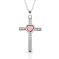 Silver cross necklace with a vibrant red heart gemstone and white zircon stones - July Ruby Cross Birthstone Necklace