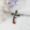Silver skull and scythe cross pendant with red enamel on a soft knit background - 11-Silver Red Skull Cross