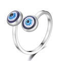 Adjustable silver evil eye open ring with blue Turkish eye motifs in a minimalist style - Adjustable Open / Silver