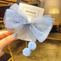 Barrette à nœud en tulle bleu clair avec pois colorés et pompons doux pour filles - Bleu