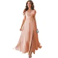 Pale peach V-neck bridesmaid dress with flutter sleeves and high side slit detail - US size 2 (S) / Top And Bottom / Dusty Pink