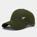 Close-up of small airplane embroidery on green cotton twill baseball cap with stitching - Adjustable / Army Green