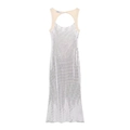 Elegantes weißes Pailletten-Maxikleid mit Ausschnitt und beigen Kontrastnähten für Damen - S / Silber