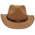 Classic camel cashmere felt western cowboy hat with decorative beaded band and golden feather - Adult (57-60cm) / Camel